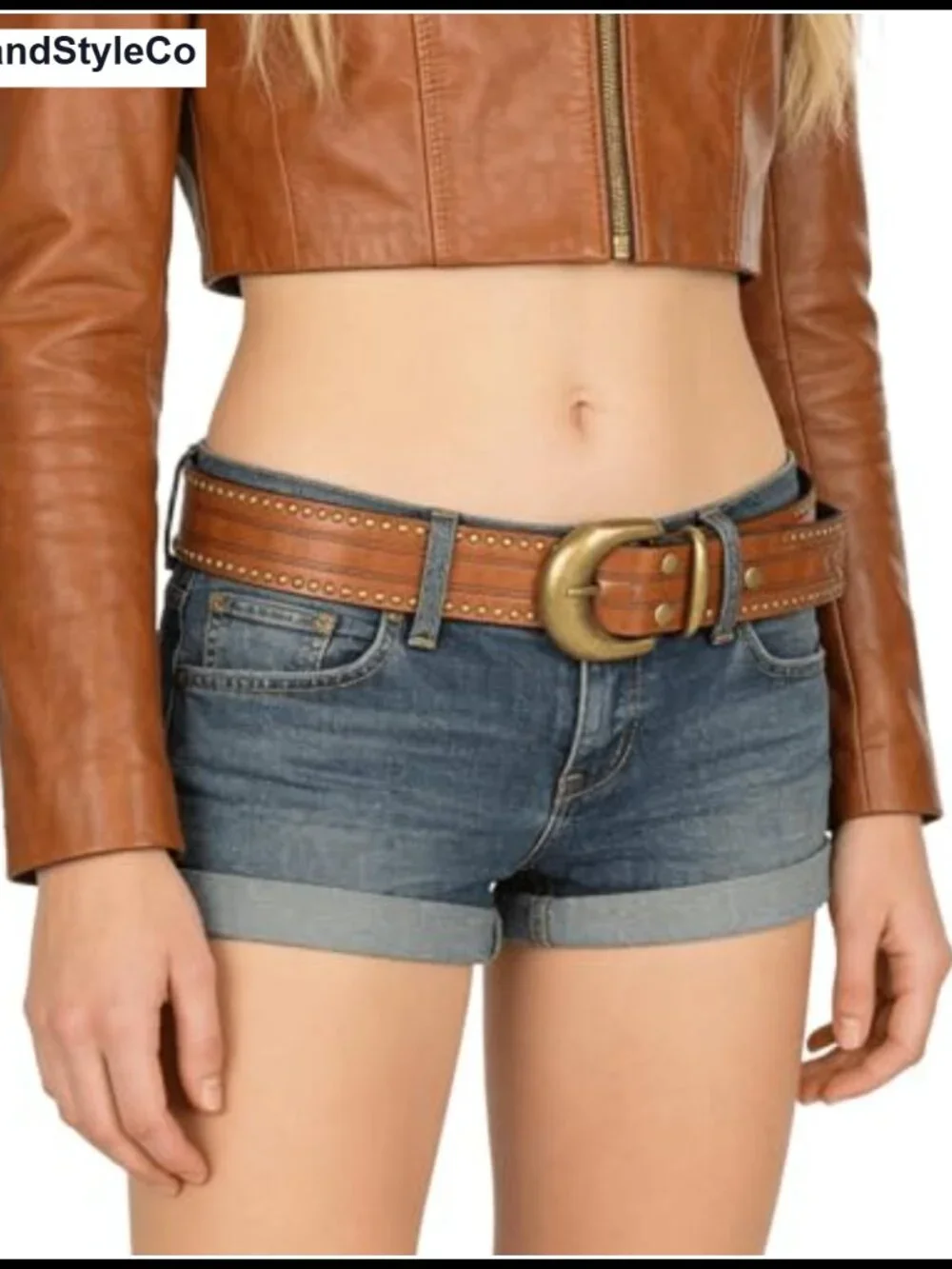Women's Western Cowgirl PU Leather Belt with Semicircle Gold Buckle
